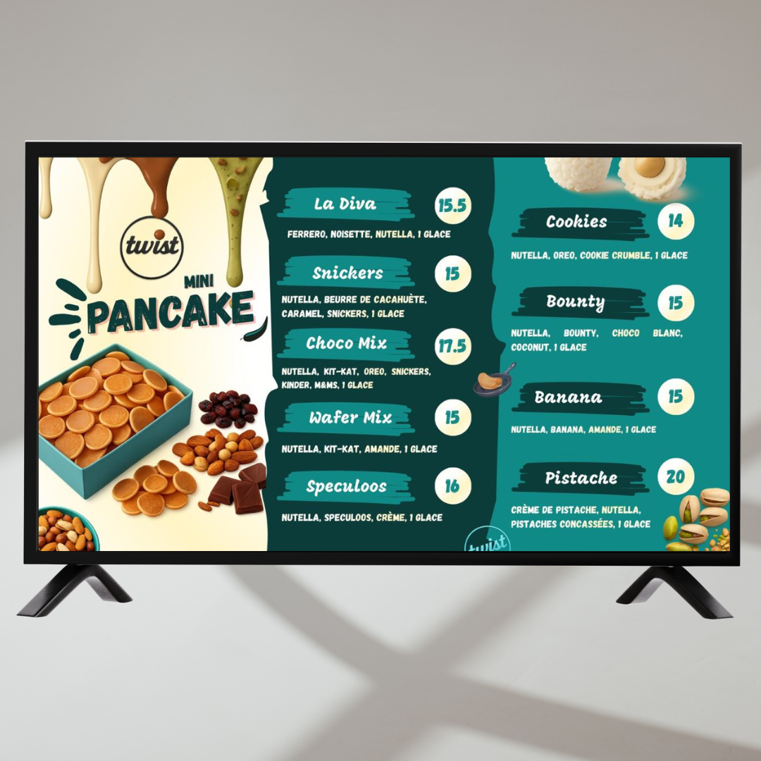 Affichage menu sur ecran TV restaurant