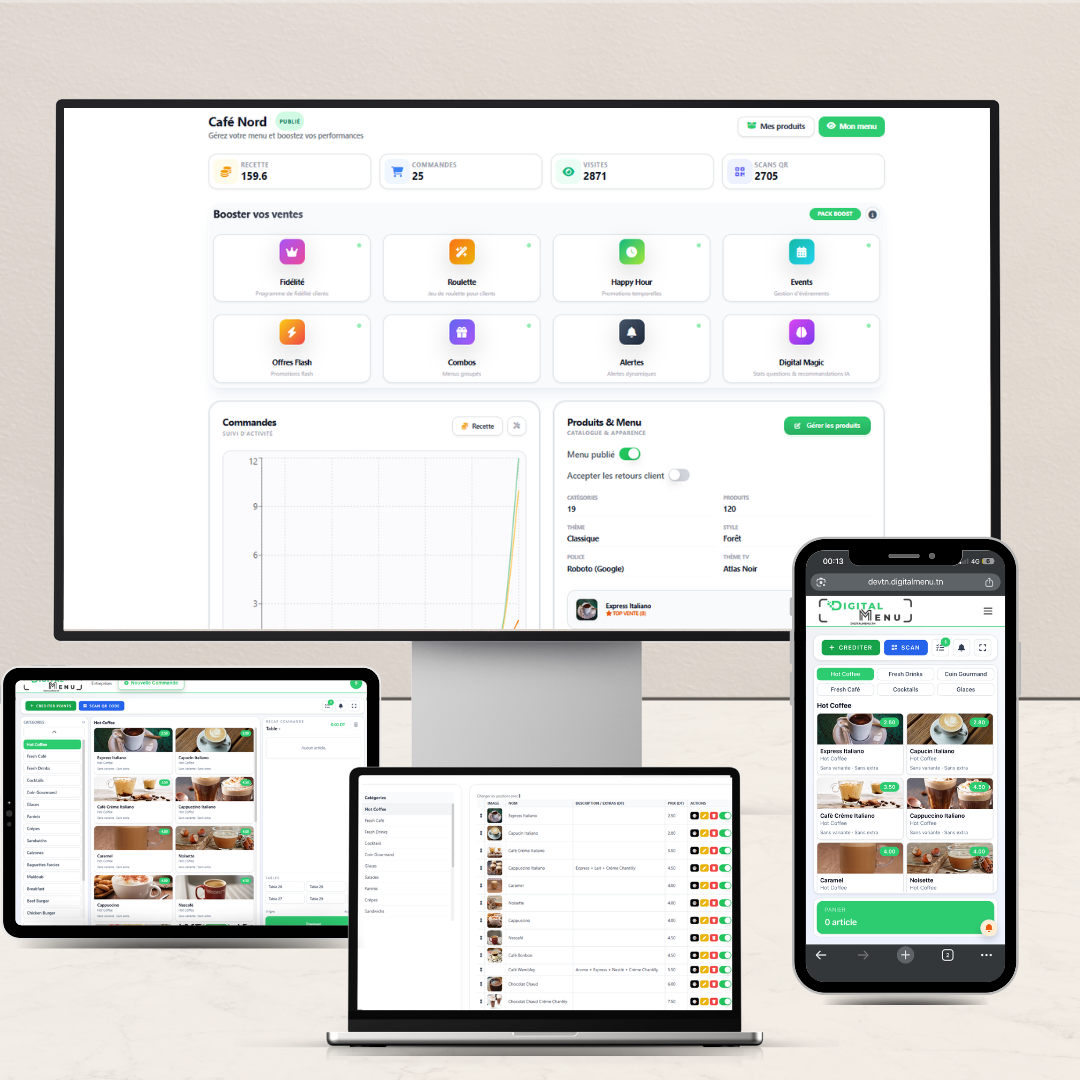 Plateforme Digital Menu moderne compatible smartphone, tablette et ordinateur